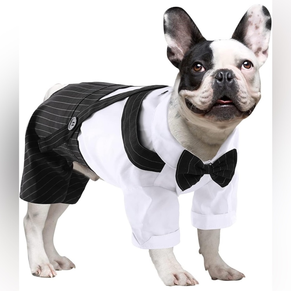 NWOT Dog Tuxedo for Small Dogs with Black Bow Tie for Party Sz Small Pinstripe